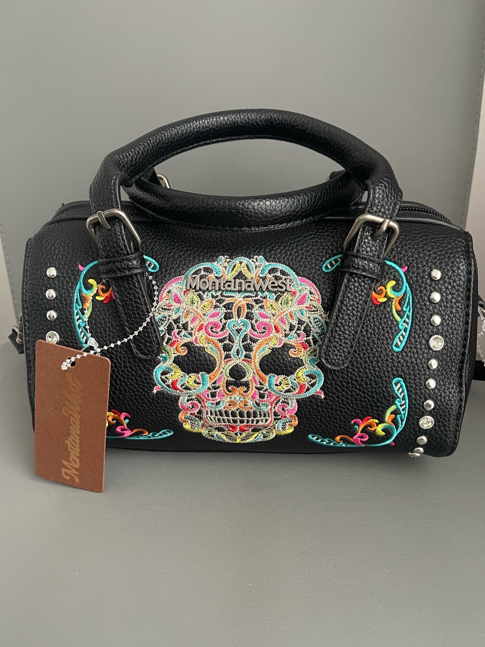 Montana West Black Barrel Satchel Sugar Skull Purse